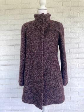 Anne Klein Women's M Brown Boucle Wool Blend Funnel Neck Coat Jacket